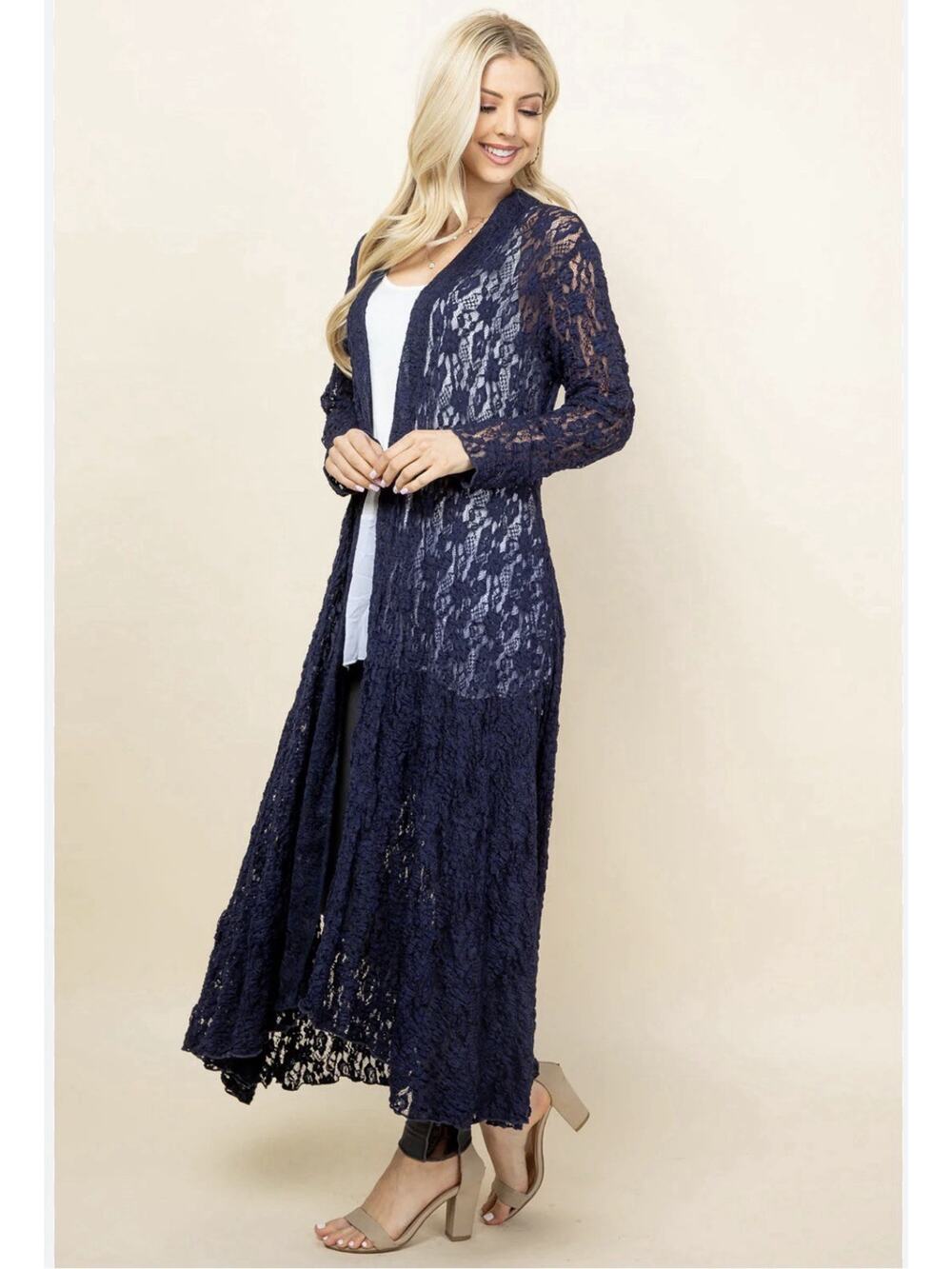 NWT Zanzea Kimono Sz 24w Sheer Lace Cover Up Navy Blue Long Sleeve Boho Beach